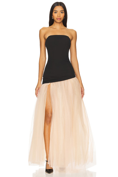2025 Fashionable Elegant Sexy Strapless Backless Black Top Beige High Slit Tulle Long Dress