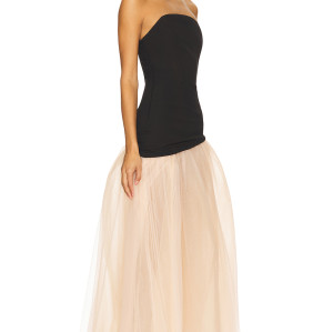 2025 Fashionable Elegant Sexy Strapless Backless Black Top Beige High Slit Tulle Long Dress