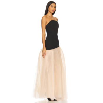 2025 Fashionable Elegant Sexy Strapless Backless Black Top Beige High Slit Tulle Long Dress