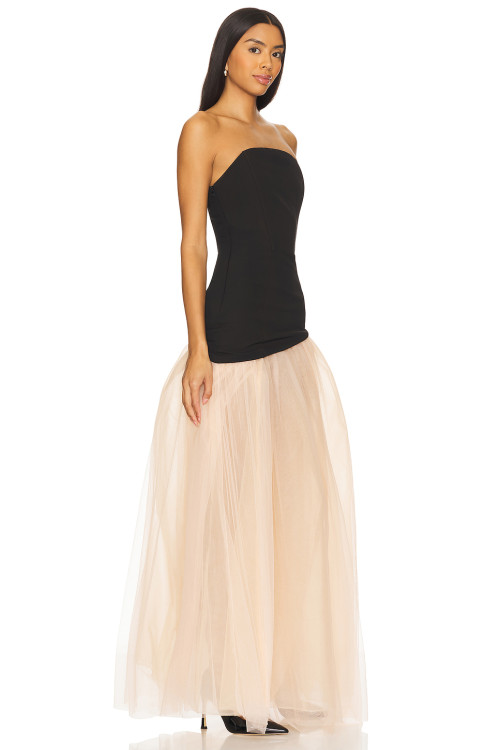 2025 Fashionable Elegant Sexy Strapless Backless Black Top Beige High Slit Tulle Long Dress