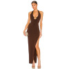 Chocolate Sexy Halter Neck Backless Bodycon Front Gold Chain Detail High Side Slit Maxi Dress