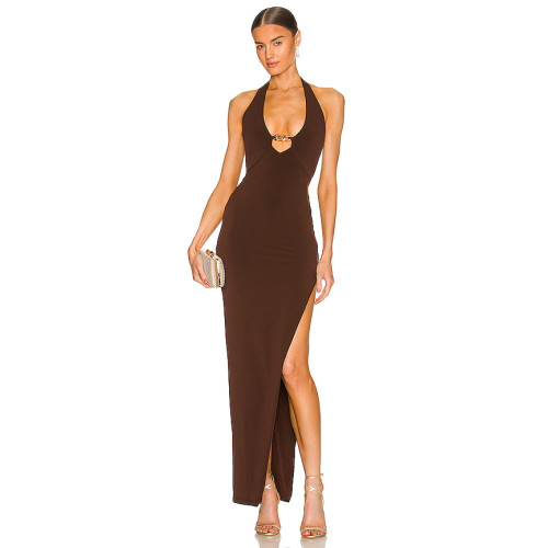 Chocolate Sexy Halter Neck Backless Bodycon Front Gold Chain Detail High Side Slit Maxi Dress