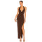 Chocolate Sexy Halter Neck Backless Bodycon Front Gold Chain Detail High Side Slit Maxi Dress