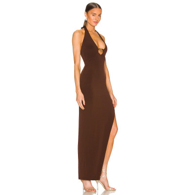 Chocolate Sexy Halter Neck Backless Bodycon Front Gold Chain Detail High Side Slit Maxi Dress