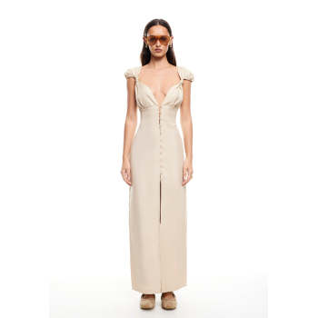 Fashionable Stylish 2025 New Design High Slim Button trims quality V neck Woman's Long Dress