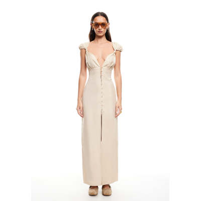Fashionable Stylish 2025 New Design High Slim Button trims quality V neck Woman's Long Dress