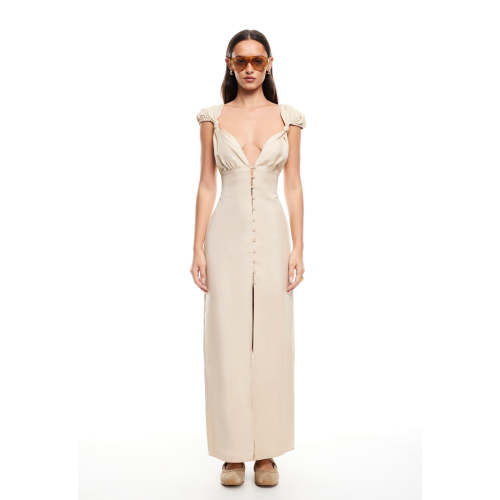 Fashionable Stylish 2025 New Design High Slim Button trims quality V neck Woman's Long Dress
