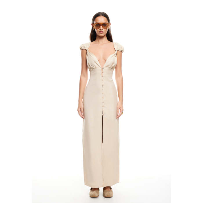 Fashionable Stylish 2025 New Design High Slim Button trims quality V neck Woman's Long Dress