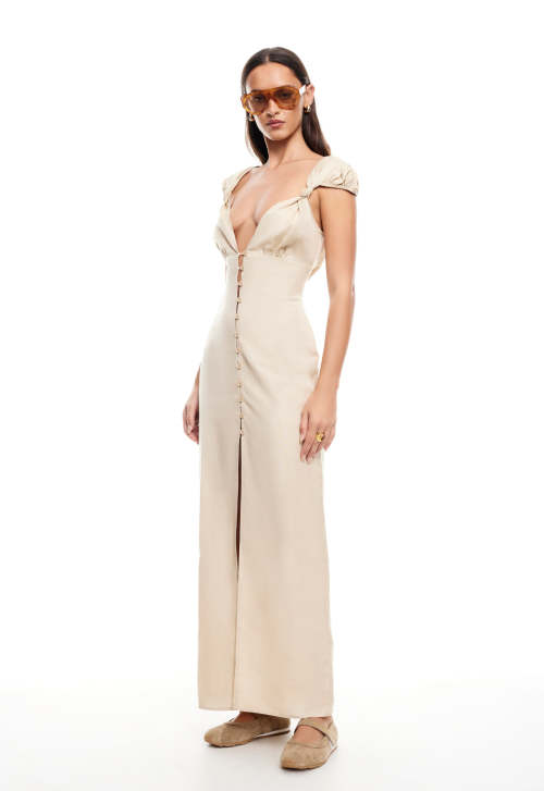 Fashionable Stylish 2025 New Design High Slim Button trims quality V neck Woman's Long Dress