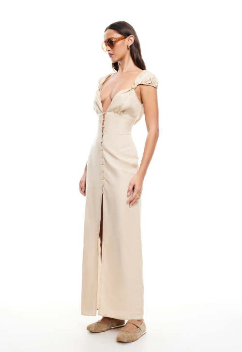 Fashionable Stylish 2025 New Design High Slim Button trims quality V neck Woman's Long Dress
