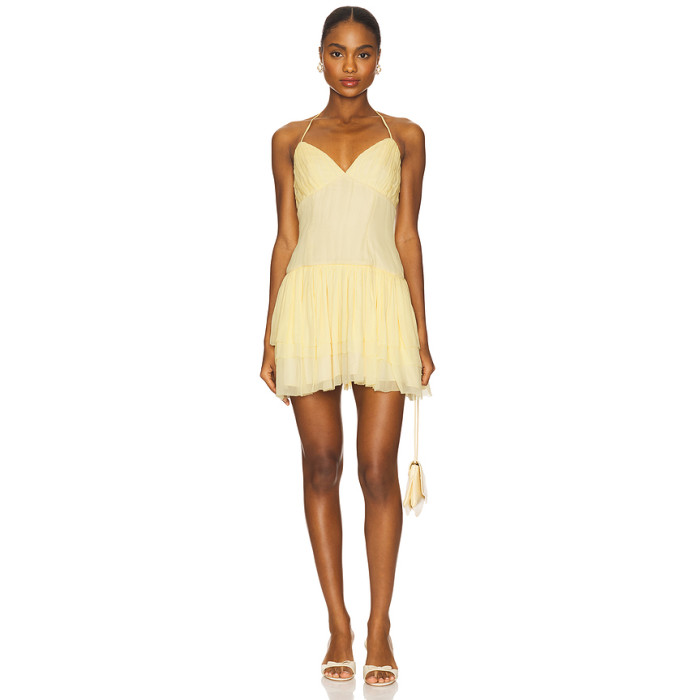 Elegant Women V-neck Halter Neckline Open Back Slim Solid Color Casual Mini Dress