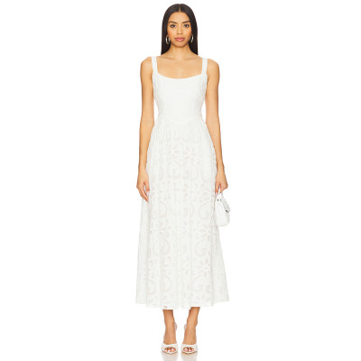 Hot Sale White Embroidered Lace Square Neck Sleeveless Ajustable Shoulder Straps Midi Dress