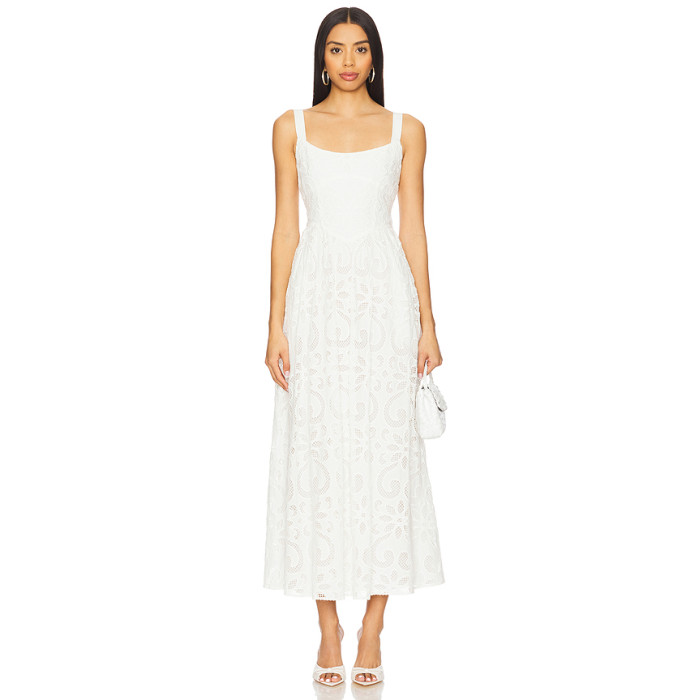 Hot Sale White Embroidered Lace Square Neck Sleeveless Ajustable Shoulder Straps Midi Dress
