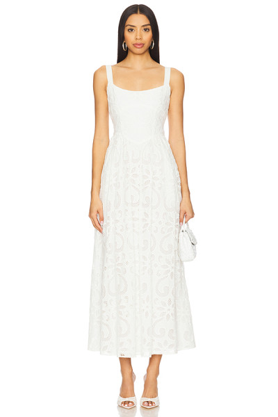 Hot Sale White Embroidered Lace Square Neck Sleeveless Ajustable Shoulder Straps Midi Dress