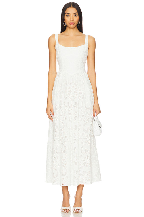 Hot Sale White Embroidered Lace Square Neck Sleeveless Ajustable Shoulder Straps Midi Dress