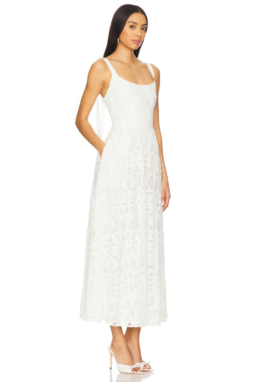 Hot Sale White Embroidered Lace Square Neck Sleeveless Ajustable Shoulder Straps Midi Dress