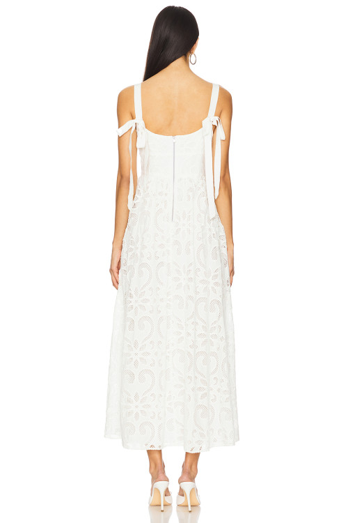 Hot Sale White Embroidered Lace Square Neck Sleeveless Ajustable Shoulder Straps Midi Dress