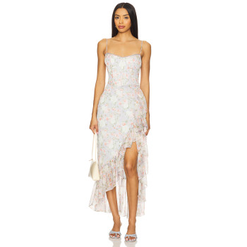 Hot Sale Floral Halter Neckline Lace Trim Ruffled Hem Asymmetrical Slit Midi Women Dress