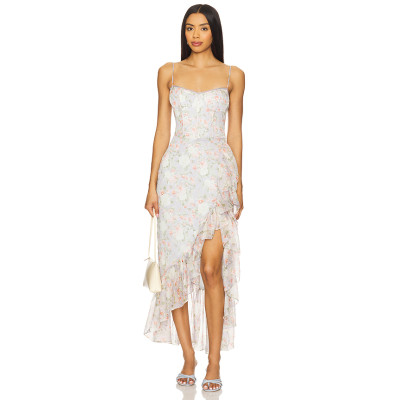 Light Blue Floral Halter Neckline Lace Trim Ruffled Hem Asymmetrical Slit Midi Women Dress
