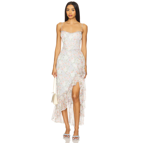 Light Blue Floral Halter Neckline Lace Trim Ruffled Hem Asymmetrical Slit Midi Women Dress