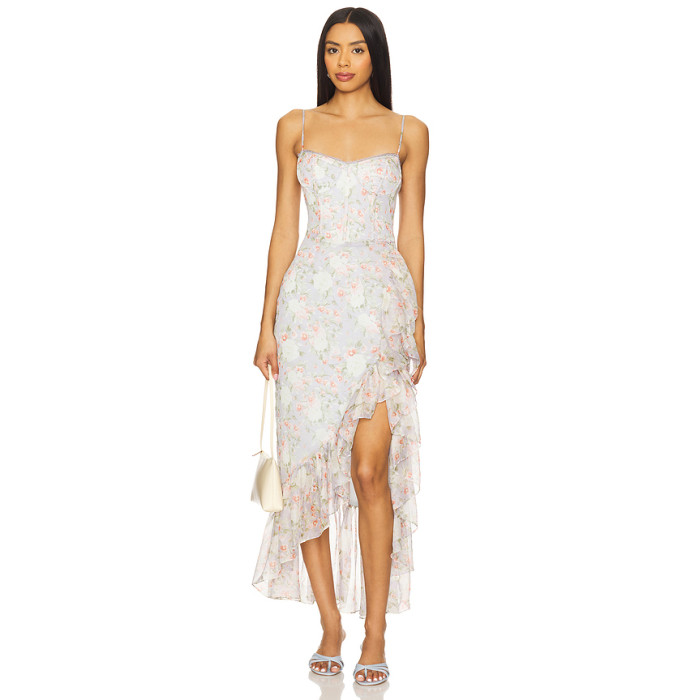 Light Blue Floral Halter Neckline Lace Trim Ruffled Hem Asymmetrical Slit Midi Women Dress