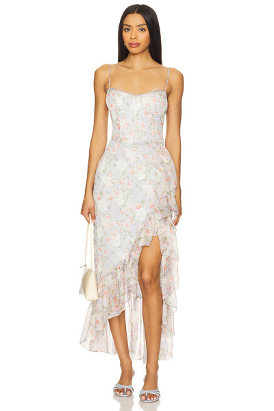 Light Blue Floral Halter Neckline Lace Trim Ruffled Hem Asymmetrical Slit Midi Women Dress