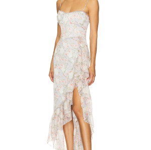 Light Blue Floral Halter Neckline Lace Trim Ruffled Hem Asymmetrical Slit Midi Women Dress