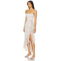 Hot Sale Floral Halter Neckline Lace Trim Ruffled Hem Asymmetrical Slit Midi Women Dress