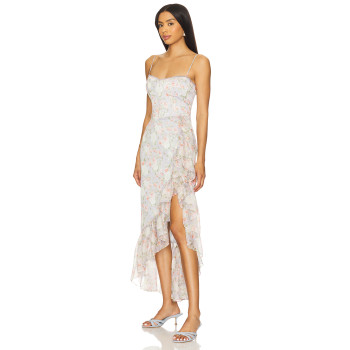 Hot Sale Floral Halter Neckline Lace Trim Ruffled Hem Asymmetrical Slit Midi Women Dress