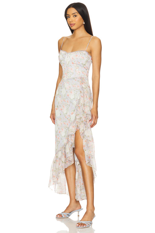 Hot Sale Floral Halter Neckline Lace Trim Ruffled Hem Asymmetrical Slit Midi Women Dress