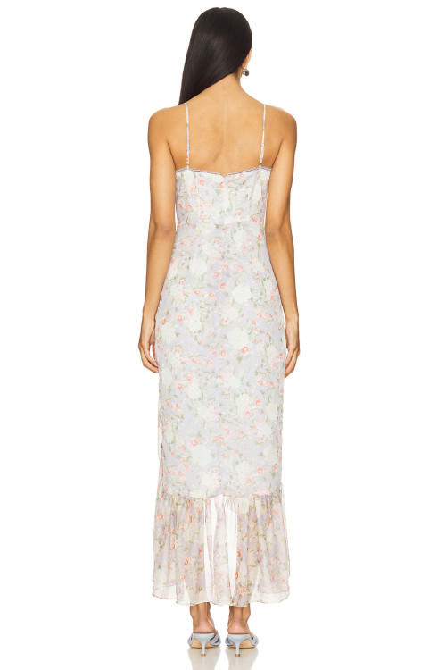 Hot Sale Floral Halter Neckline Lace Trim Ruffled Hem Asymmetrical Slit Midi Women Dress