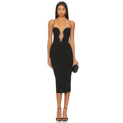 Sexy Beaded Crystal Embellished Black Halter Neck Back Slit Crepe Fabric Midi Dress