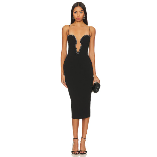 Sexy Beaded Crystal Embellished Black Halter Neck Back Slit Crepe Fabric Midi Dress