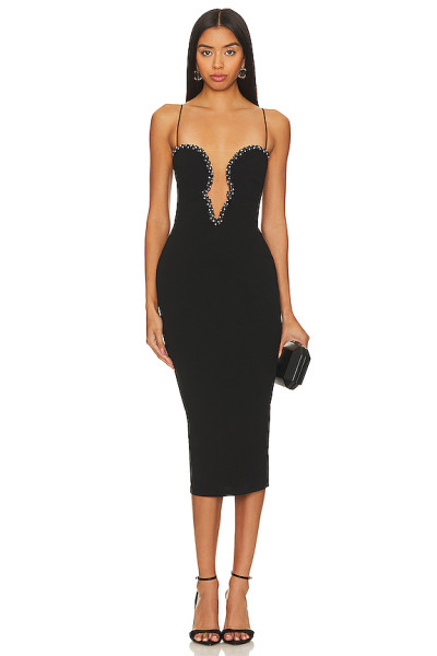 Sexy Beaded Crystal Embellished Black Halter Neck Back Slit Crepe Fabric Midi Dress