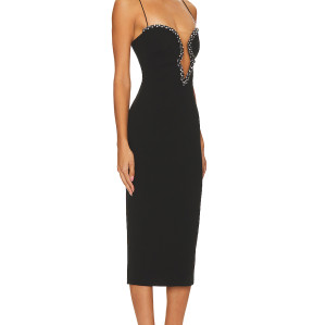 Sexy Beaded Crystal Embellished Black Halter Neck Back Slit Crepe Fabric Midi Dress