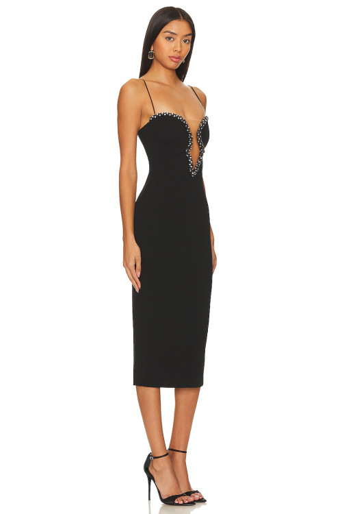 Sexy Beaded Crystal Embellished Black Halter Neck Back Slit Crepe Fabric Midi Dress