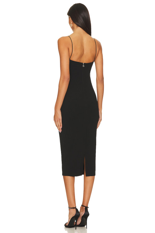Sexy Beaded Crystal Embellished Black Halter Neck Back Slit Crepe Fabric Midi Dress