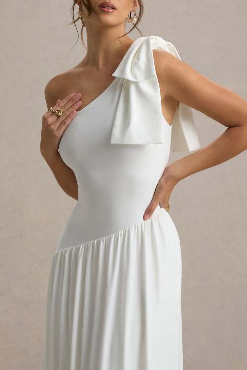 Elegant Asymmetric Neckline One-Shoulder Bow Detail strap Asymmetric Split Skirt