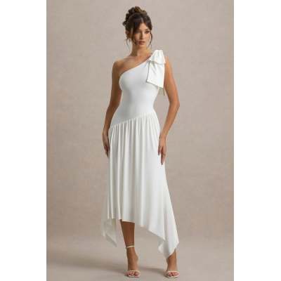 Elegant Asymmetric Neckline One-Shoulder Bow Detail strap Asymmetric Split Skirt