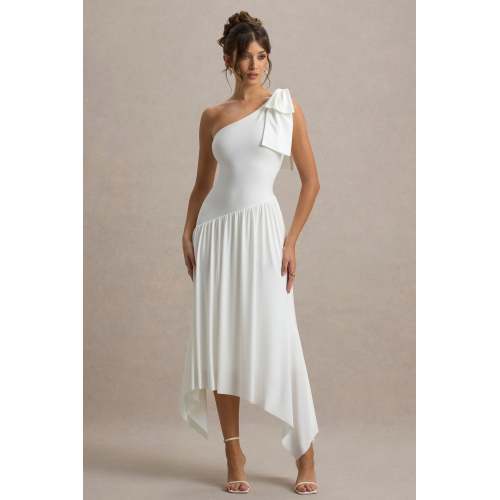 Elegant Asymmetric Neckline One-Shoulder Bow Detail strap Asymmetric Split Skirt
