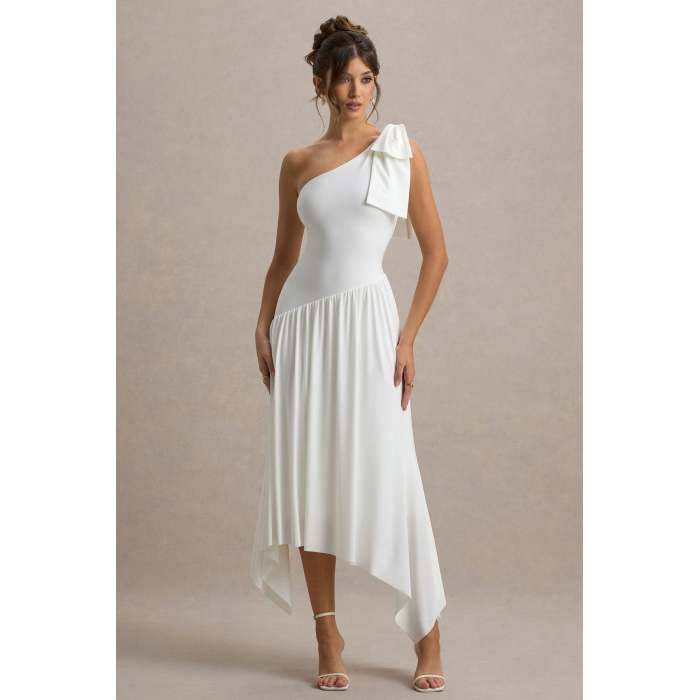 Elegant Asymmetric Neckline One-Shoulder Bow Detail strap Asymmetric Split Skirt