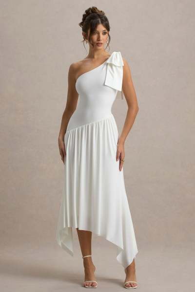 Elegant Asymmetric Neckline One-Shoulder Bow Detail strap Asymmetric Split Skirt