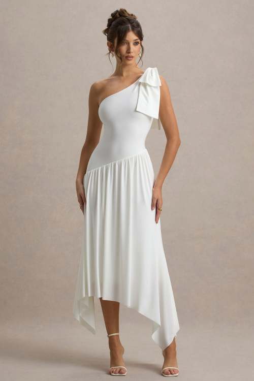 Elegant Asymmetric Neckline One-Shoulder Bow Detail strap Asymmetric Split Skirt