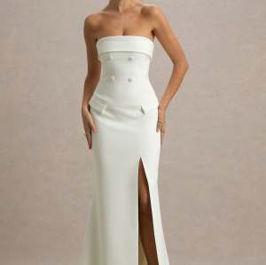 Elegant Bandeau Neckline Slim High Waist Hip Wrap High Slit Solid Color Evening Dress