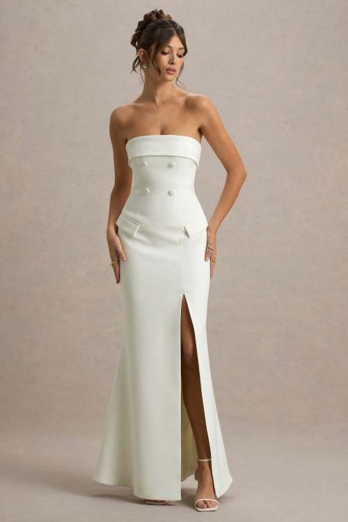Elegant Bandeau Neckline Slim High Waist Hip Wrap High Slit Solid Color Evening Dress