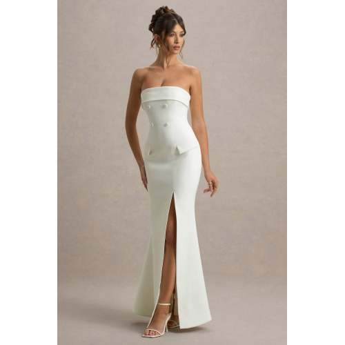 Elegant Bandeau Neckline Slim High Waist Hip Wrap High Slit Solid Color Evening Dress