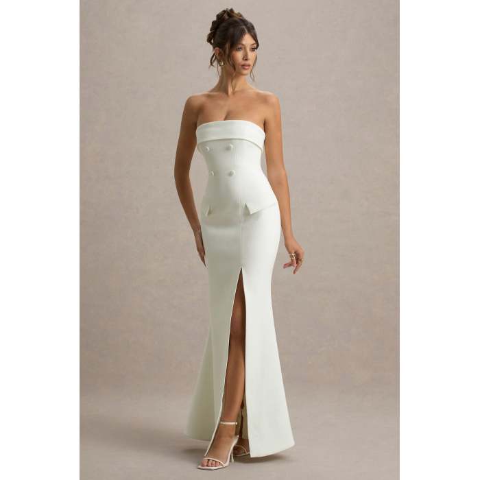 Elegant Bandeau Neckline Slim High Waist Hip Wrap High Slit Solid Color Evening Dress