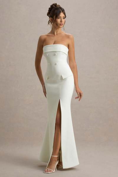 Elegant Bandeau Neckline Slim High Waist Hip Wrap High Slit Solid Color Evening Dress