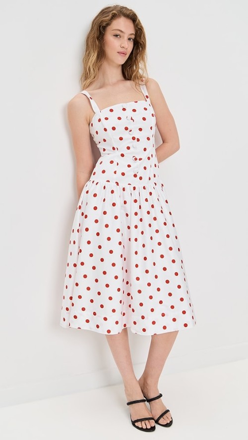 Fashionable Square Neckline Button Placket Open Back Mid-Waist Polka-Dot Print Dress