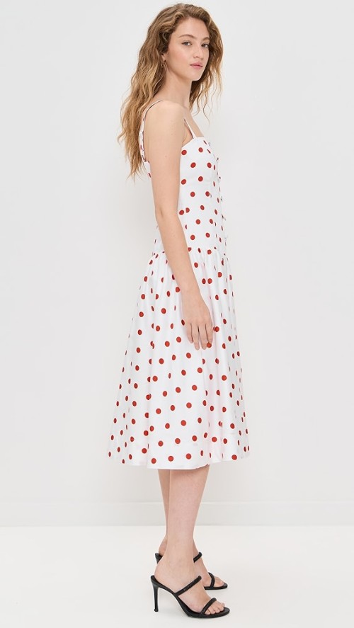Fashionable Square Neckline Button Placket Open Back Mid-Waist Polka-Dot Print Dress